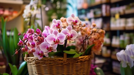 Phalaenopsis orchid flowers in a basket in a flower shop. Mother's day concept with a space for a text. Valentine day concept with a copy space.