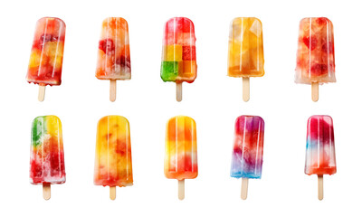 Collection of colorful ice popsicle lolly isolated on a transparent background