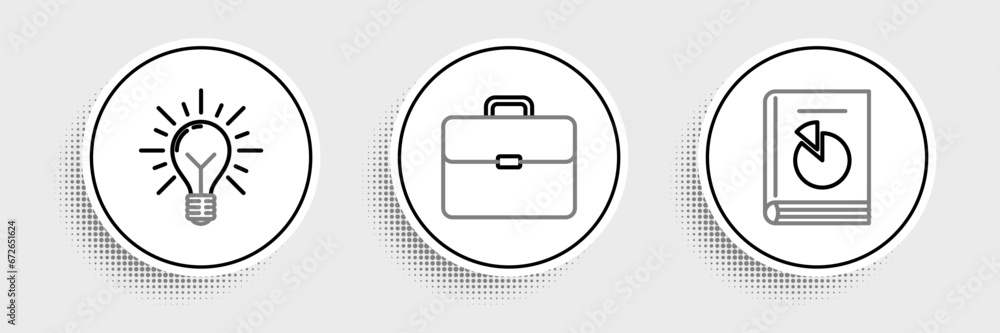 Poster set line user manual, light bulb with rays shine and concept of idea and briefcase icon. vector
