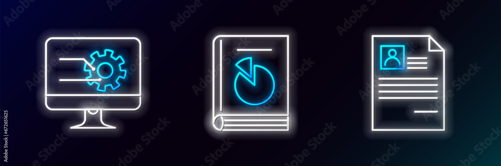 Poster set line resume, computer monitor with graph chart and user manual icon. glowing neon. vector