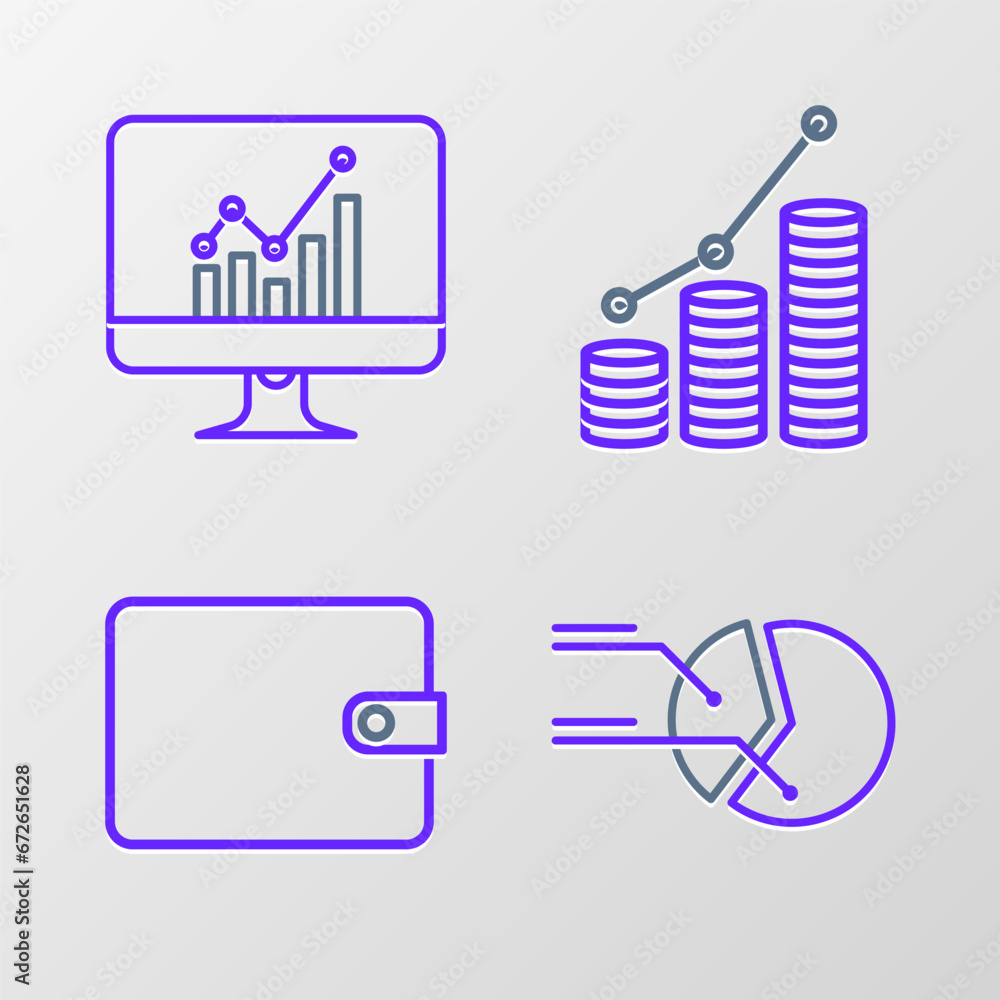Poster set line pie chart infographic, wallet, and coin and computer monitor with icon. vector