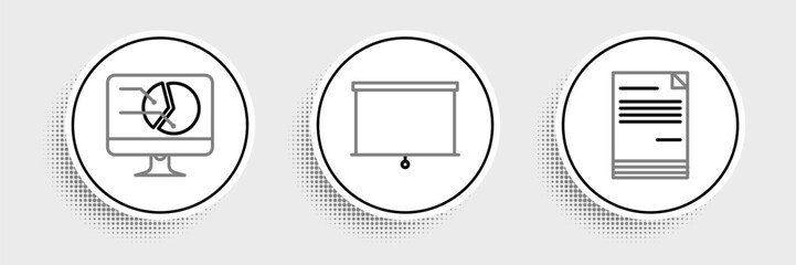 Set line Document, Computer monitor with graph chart and Chalkboard icon. Vector