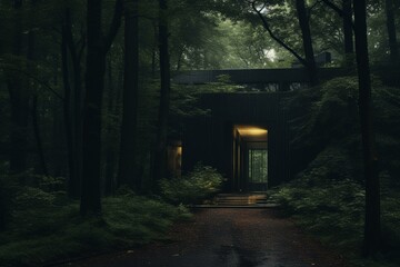 Dark house entry surrounded by trees. Generative AI - obrazy, fototapety, plakaty