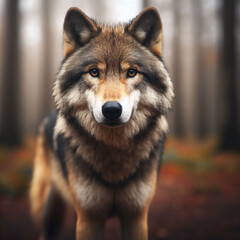 Fototapeta premium wolf looking at camera with blurred nature background