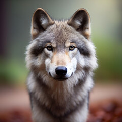 Naklejka na ściany i meble wolf looking at camera with blurred nature background