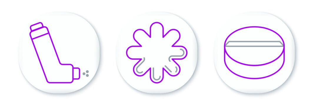 Set line Medicine pill or tablet, Inhaler and Cross hospital medical icon. Vector