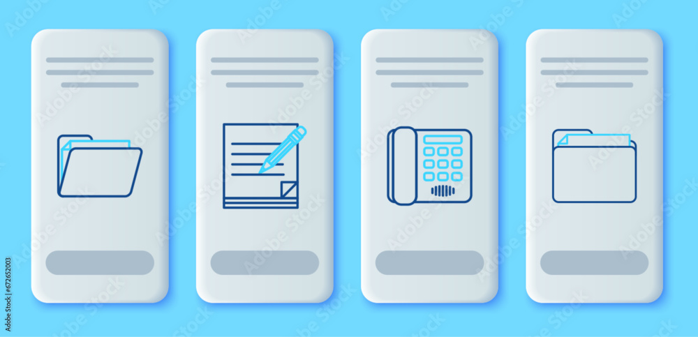 Poster set line blank notebook and pencil with eraser, telephone, document folder and icon. vector