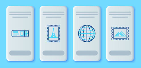 Set line Postal stamp and Eiffel tower, Earth globe, Travel ticket and Egypt pyramids icon. Vector - obrazy, fototapety, plakaty