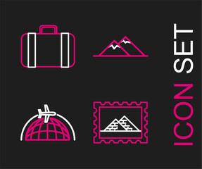 Set line Postal stamp and Egypt pyramids, Globe with flying plane, Mountains and Suitcase for travel icon. Vector