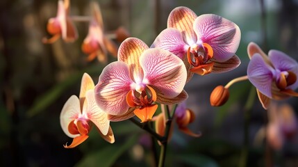 Beautiful orchid flowers in the garden, phalaenopsis. Mother's day concept with a space for a text. Valentine day concept with a copy space.