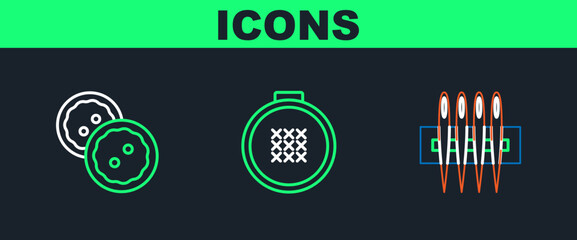 Set line Needle for sewing, Sewing button clothes and Round adjustable embroidery hoop icon. Vector