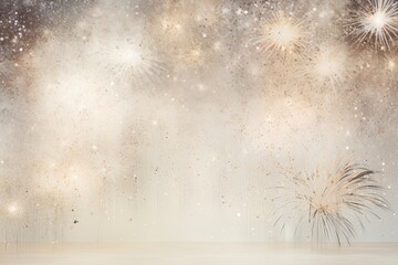 Golden fireworks over silver background. Silver and beige card for luxury explosion, holiday feelings. Winter season business greeting banner. - obrazy, fototapety, plakaty