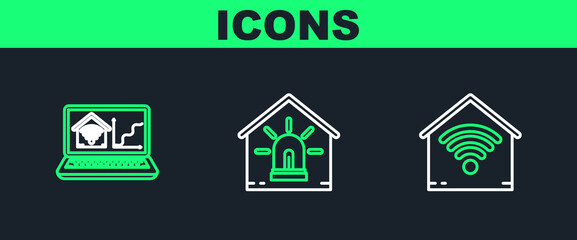 Set line Smart home with wi-fi, Laptop smart and house and alarm icon. Vector