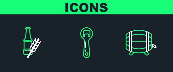Set line Wooden barrel on rack with stopcock, Beer bottle and Bottle opener icon. Vector