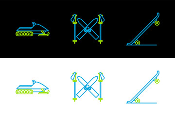 Set line Skateboard, Snowmobile and Ski and sticks icon. Vector