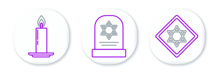 Set line Star of David, Burning candle in candlestick and Tombstone with star david icon. Vector