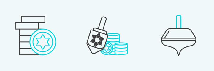 Set line Hanukkah dreidel, Jewish coin and and icon. Vector