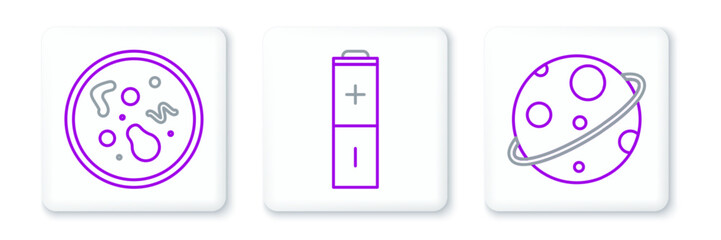 Set line Planet, Bacteria and Battery icon. Vector