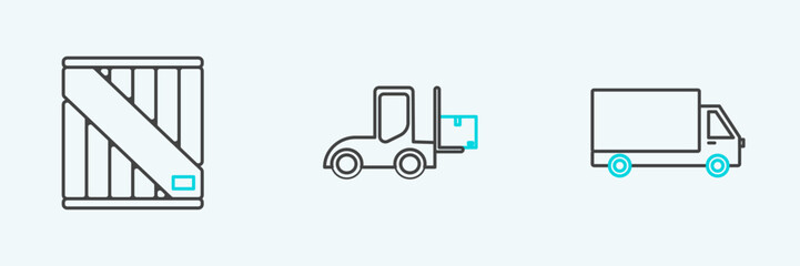 Set line Delivery cargo truck vehicle, Wooden box and Forklift icon. Vector