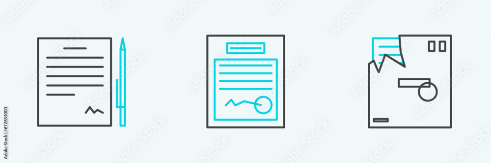 Poster set line ordered envelope, contract with pen and filled form icon. vector