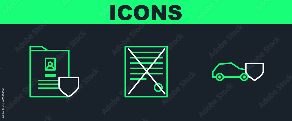 Poster set line car with shield, document and delete file document icon. vector