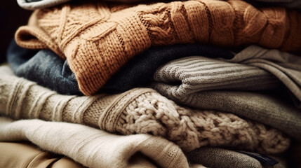 Cozy Stack of Warm Knitted Sweaters in Neutral Tones for Cold Weather Comfort