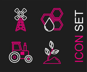 Set line Sprout, Tractor, Honeycomb and Windmill icon. Vector