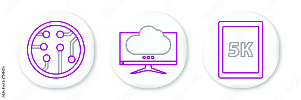 Poster set line tablet with text 5k, processor and computer monitor screen icon. vector