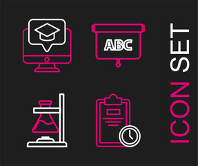 Set line Exam sheet with clock, Glass test tube flask on fire, Chalkboard and Monitor graduation cap icon. Vector