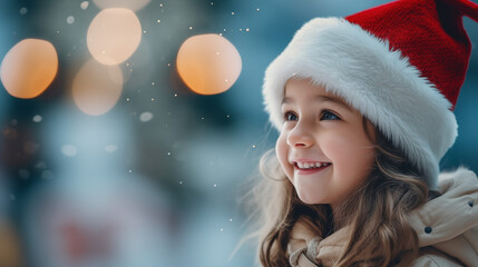 Dziewczynka w czapce Świętego Mikołaja na tle światełek w zimowy dzień - obrazy, fototapety, plakaty