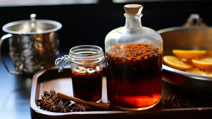 Homemade syrup with cinnamon star anise and rock sugar