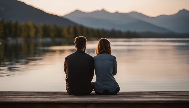 AI generated illustration of a young, romantic couple sitting on a wooden dock, admiring the lake