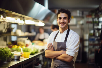 Portrait of a Cheerful Young Chef with Crossed Arms Standing in a Professional Kitchen - obrazy, fototapety, plakaty
