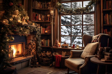 Fototapeta na wymiar A warm and festive living room adorned for Christmas, complete with a fireplace