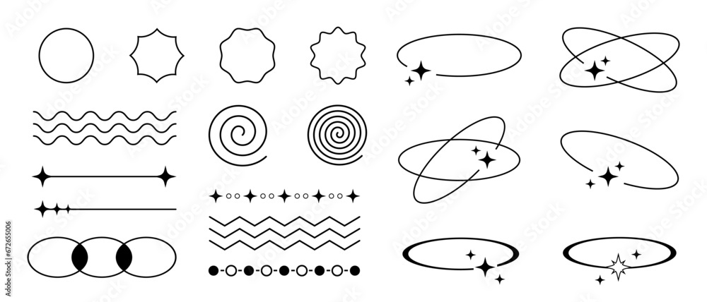 Poster set of retro outline black thin empty frames, decorative design elements and dividers in y2k futuris
