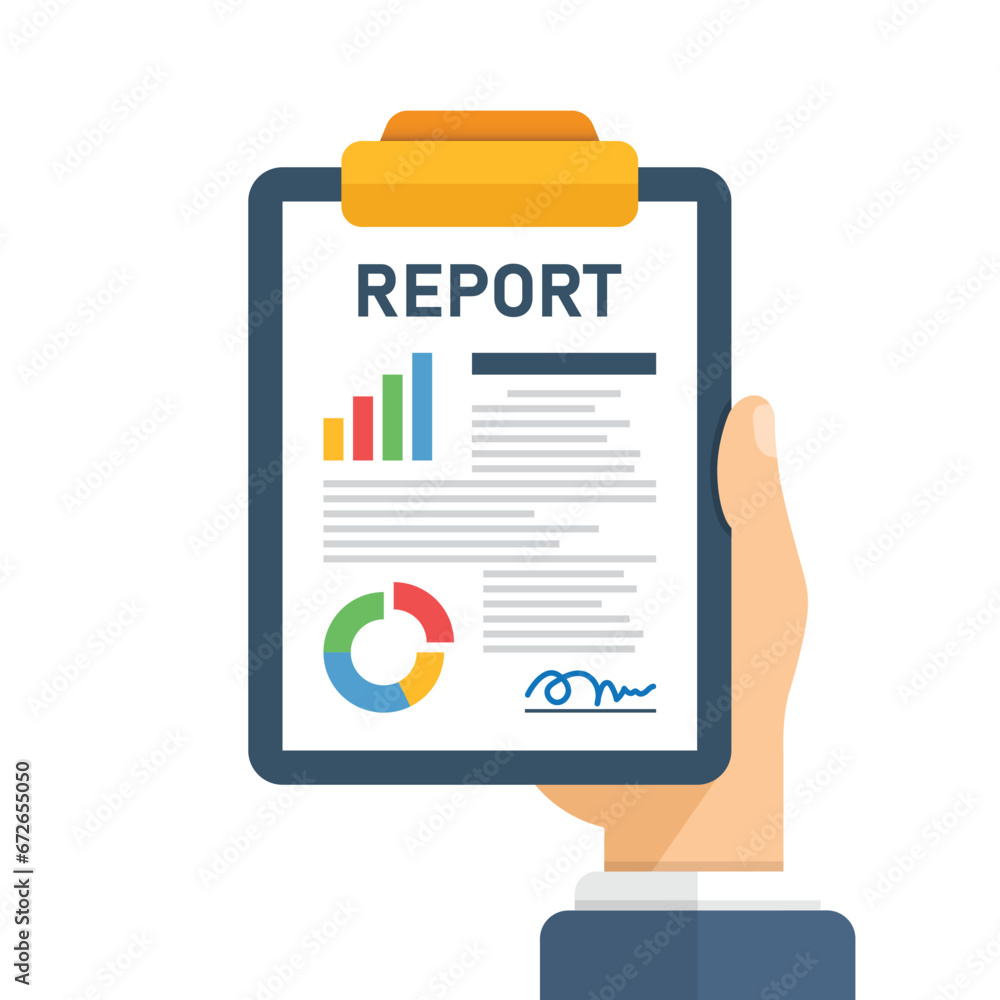 Poster report document in hand icon in flat style. dashboard plan vector illustration on isolated backgroun