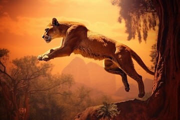 African puma cougar in the wild, in an aggressive predatory leap at sunset. AI generated.