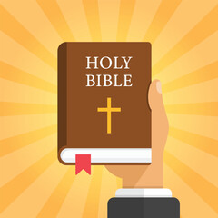 Holy bible in hand icon in flat style. Christianity book vector illustration on isolated background. Religion sign business concept.