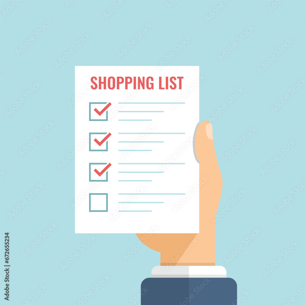 Poster shopping list in hand icon in flat style. memo pages vector illustration on isolated background. dai