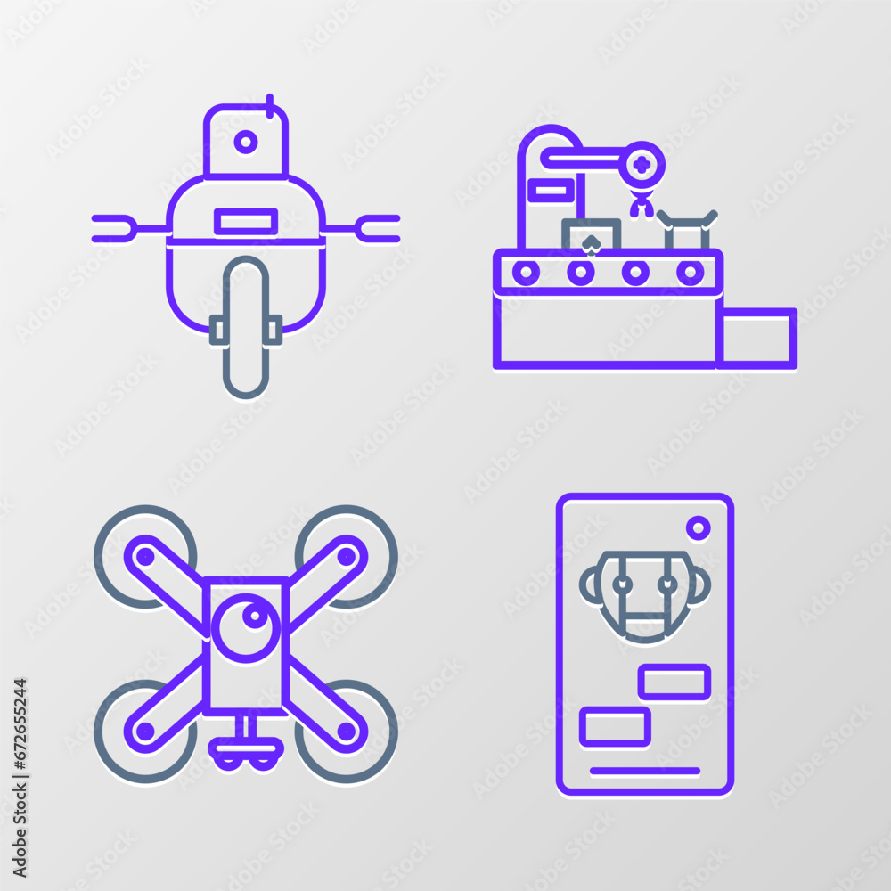 Poster set line bot, drone flying with action camera, factory conveyor system belt and robot icon. vector