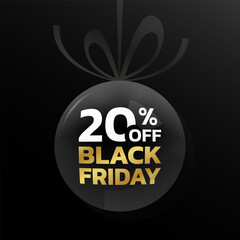 20% off. Black Friday sale tag, label or badge with ribbon bow. 20 percent price off 3d discount ball design. Promotion, marketing background or banner template. Vector illustration.