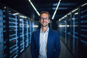 Smiling Male IT Expert Poses in Modern Data Center