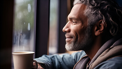 Man Indulging in Morning Coffee Beside the Window - obrazy, fototapety, plakaty