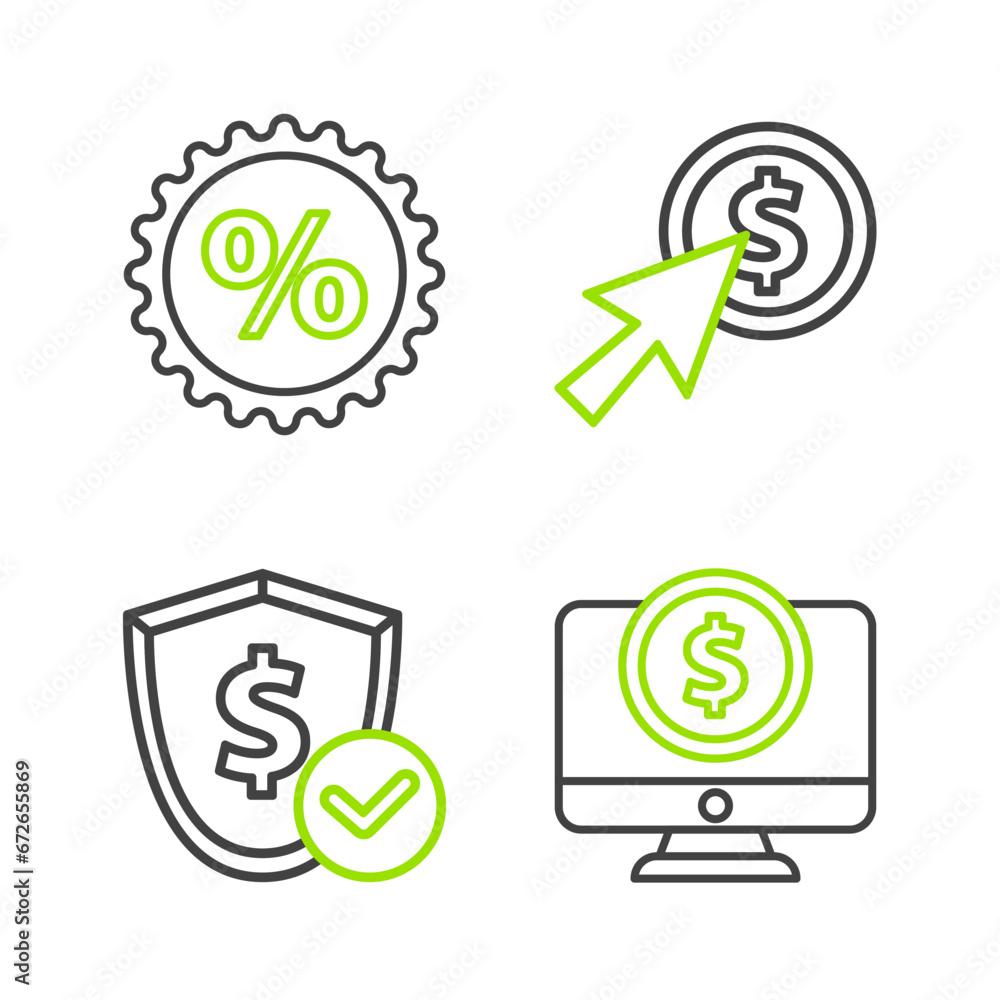 Poster set line computer monitor with dollar, shield, cursor and coin and discount percent tag icon. vector