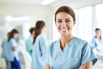 Cheerful Dental Assistant Welcoming Patients in Modern Clinic