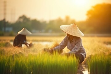 Chinese workers wearing hats harvest crops in field in warm weather on sunny day of summer