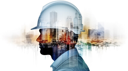 Future factory plant and energy industry devotion concept construction engineering with double exposure graphic design. Building engineers, architect people - obrazy, fototapety, plakaty