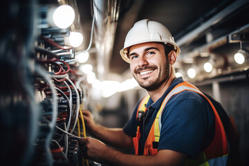 Smiling Professional Electrician Working on Electrical Installations in an Industrial Environment - obrazy, fototapety, plakaty