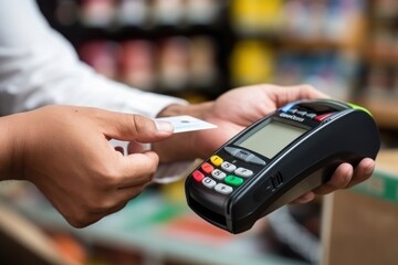Man applies credit card to portable terminal to make contactless payment for purchase in store