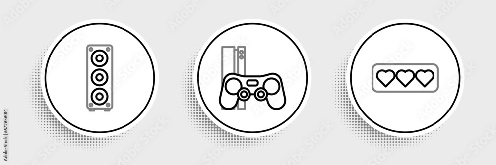 Poster set line like and heart, stereo speaker and game console with joystick icon. vector